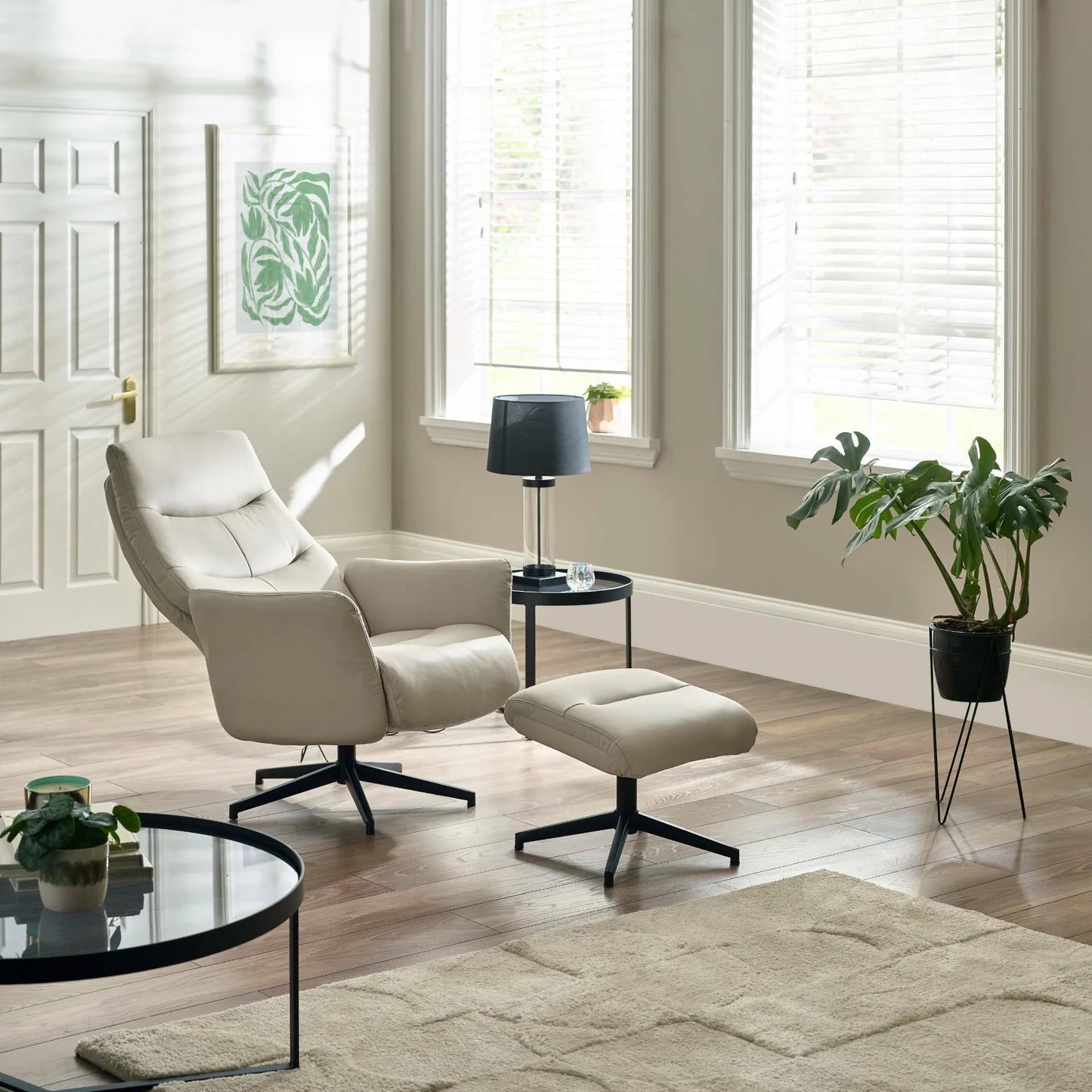 Priya Grey Faux PU Leather Recliner Chair with Matching Footstool – Modern Reclining Armchair