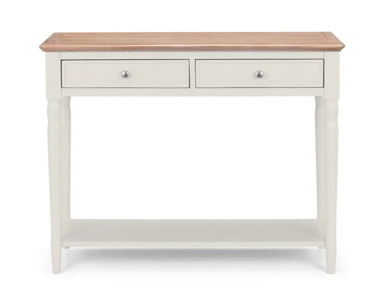 The Provence 2 Drawer Console Table in grey lacquer and limed oak effect top and classic turned legs, making it perfect for hallways or living areas. Available today at www.nobleandnook.co.uk