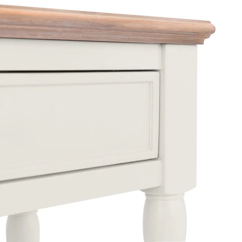The Provence 2 Drawer Console Table in grey lacquer and limed oak effect top and classic turned legs, making it perfect for hallways or living areas. Available today at www.nobleandnook.co.uk