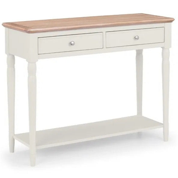 The Provence 2 Drawer Console Table in grey lacquer and limed oak effect top and classic turned legs, making it perfect for hallways or living areas. Available today at www.nobleandnook.co.uk