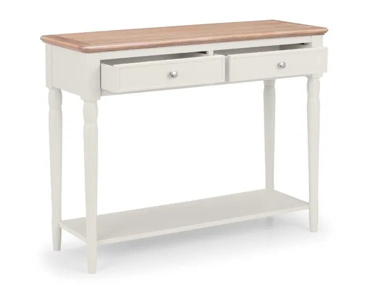 The Provence 2 Drawer Console Table in grey lacquer and limed oak effect top and classic turned legs, making it perfect for hallways or living areas. Available today at www.nobleandnook.co.uk