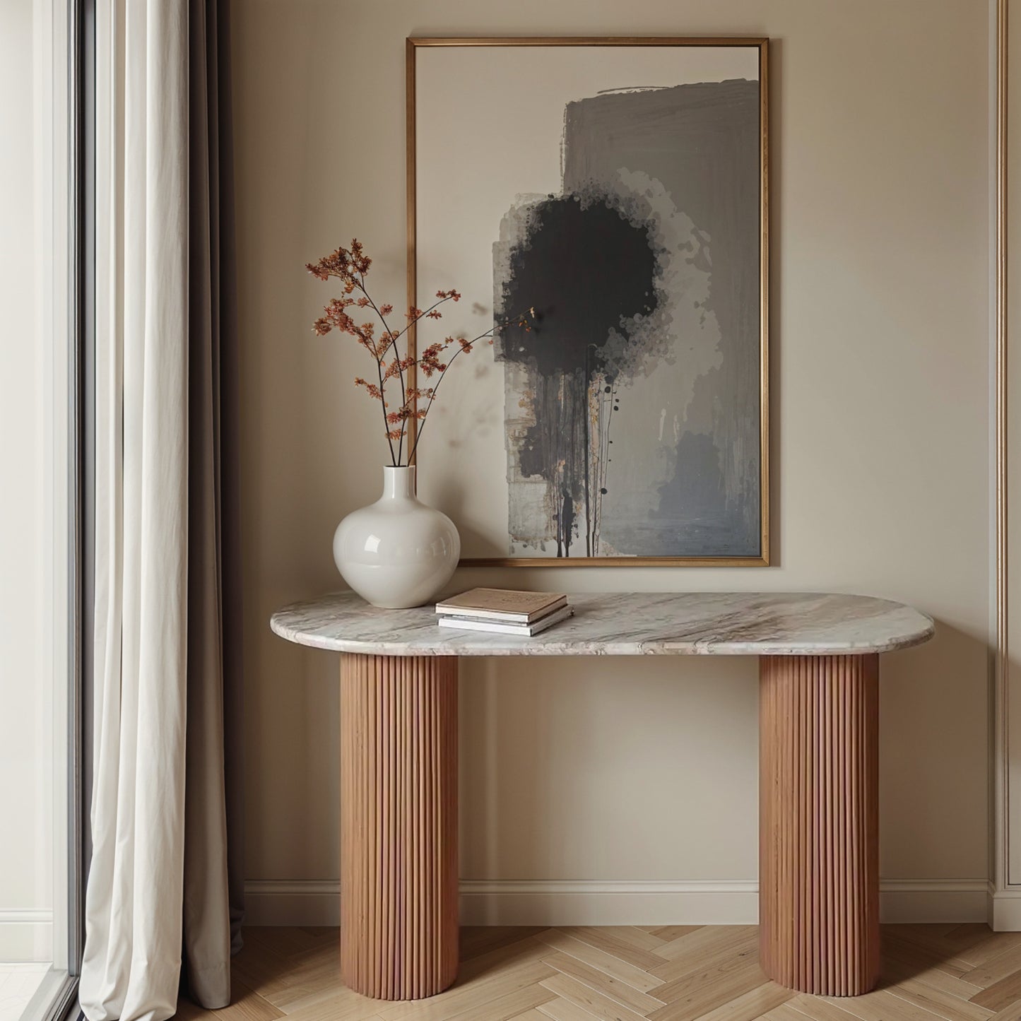MADE TO ORDER - Natural Pale Taupe Marble Top with Solid Mango Wood Base. H77×W120×D40cm. A true statement in minimalism and craftsmanship. Shop online at www.nobleandnook.co.uk