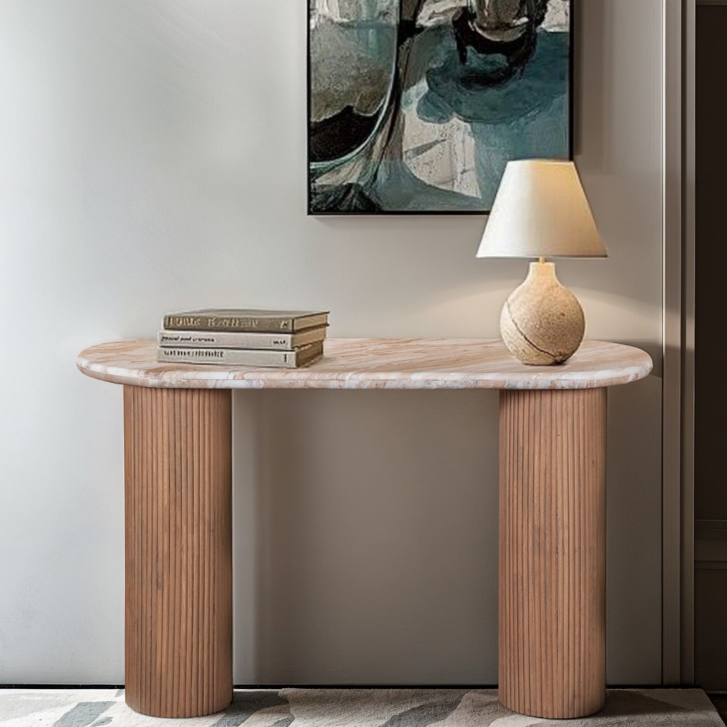MADE TO ORDER - Natural Pale Taupe Marble Top with Solid Mango Wood Base. H77×W120×D40cm. A true statement in minimalism and craftsmanship. Shop online at www.nobleandnook.co.uk
