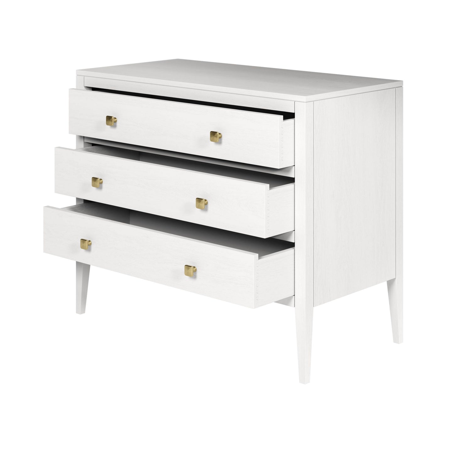 Shop the solid oak Radford Chest of Drawers in white solid oak with visible grain and brass square handles by D.I. Designs. FREE UK MAINLAND DELIVERY. Shop online now at www.nobleandnook.co.uk