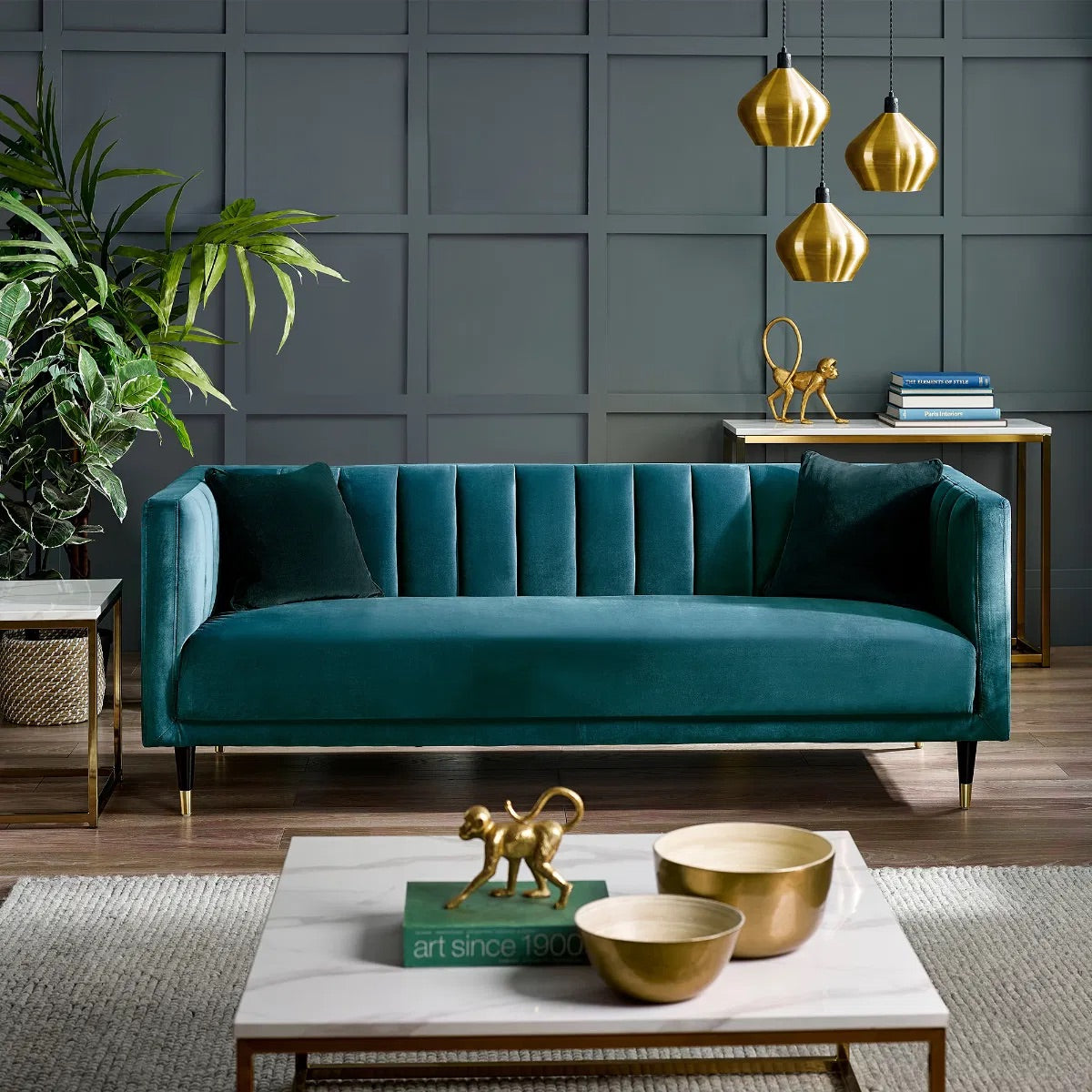Scalloped Back 3 Seater Sofa in Teal or Grey Velvet
