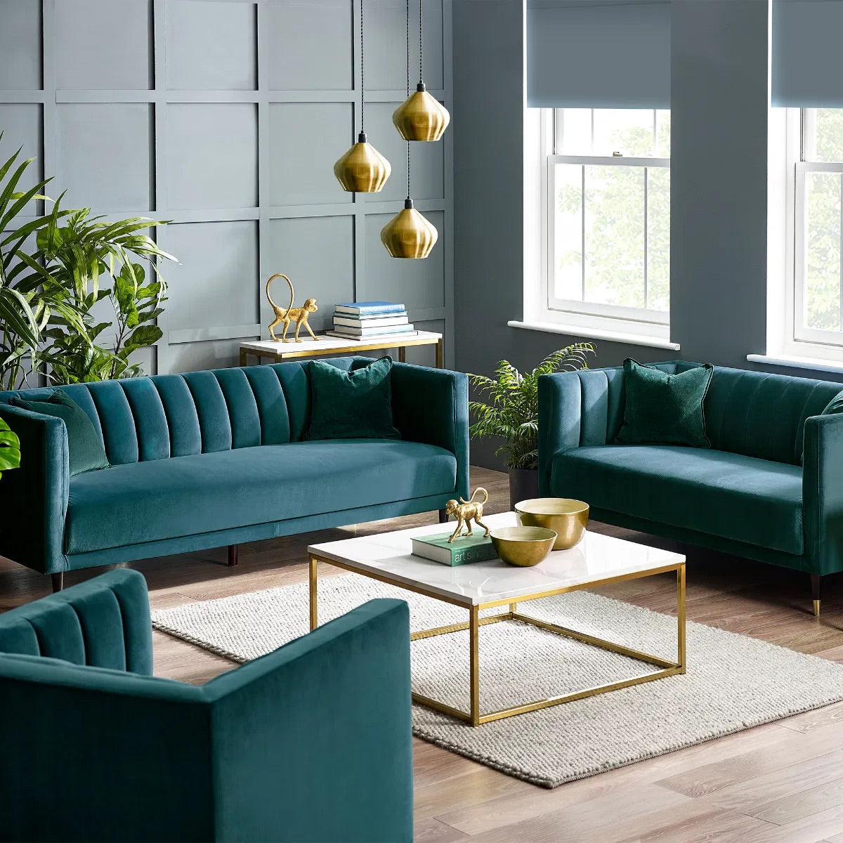 Scalloped Back 3 Seater Sofa in Teal or Grey Velvet