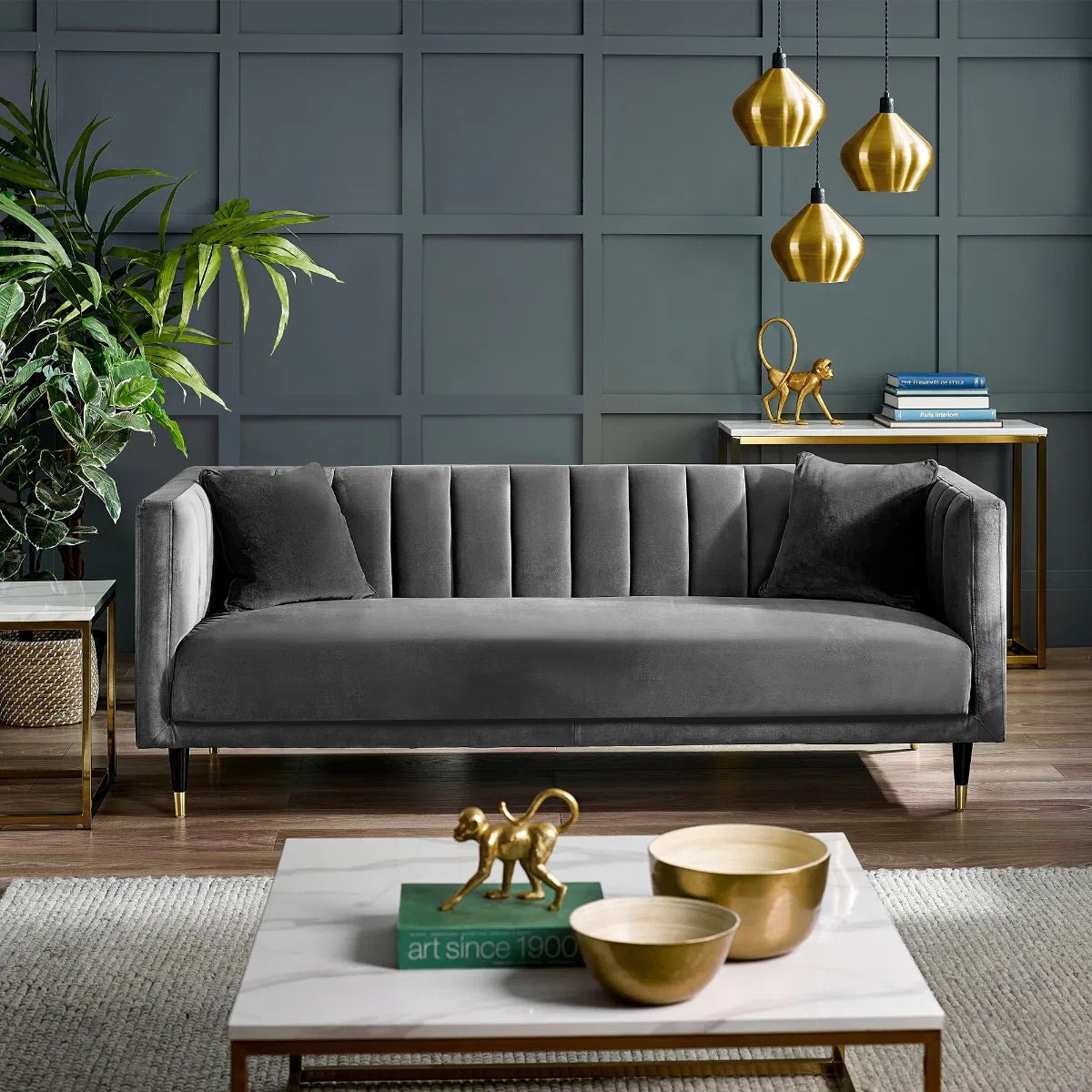 Scalloped Back 3 Seater Sofa in Teal or Grey Velvet
