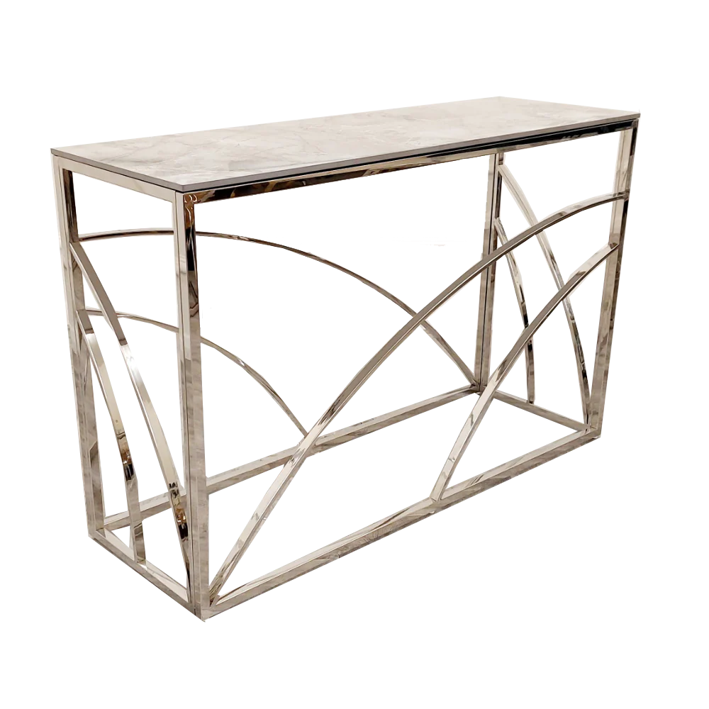Shop now to define your interior design with this Chrome Framed art deco inspired Console Table, featuring a marble effect Sintered Stone top gold tone. Perfectly suited for hallways. Shop online today at www.nobleandnook.co.uk