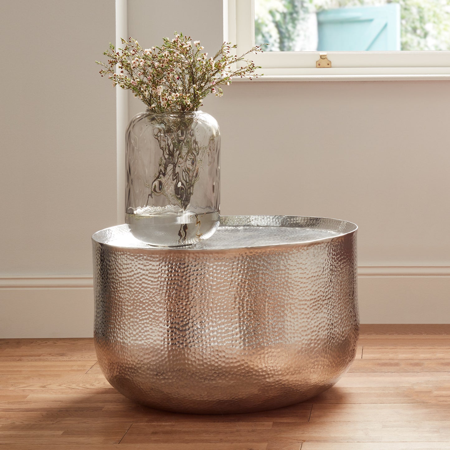 Elevate any space with this Large Hammered Aluminium Polished Metal Coffee Table with a unique design that draws the eye. FREE UK MAINLAND DELIVERY. Shop online now at www.nobleandnook.co.uk