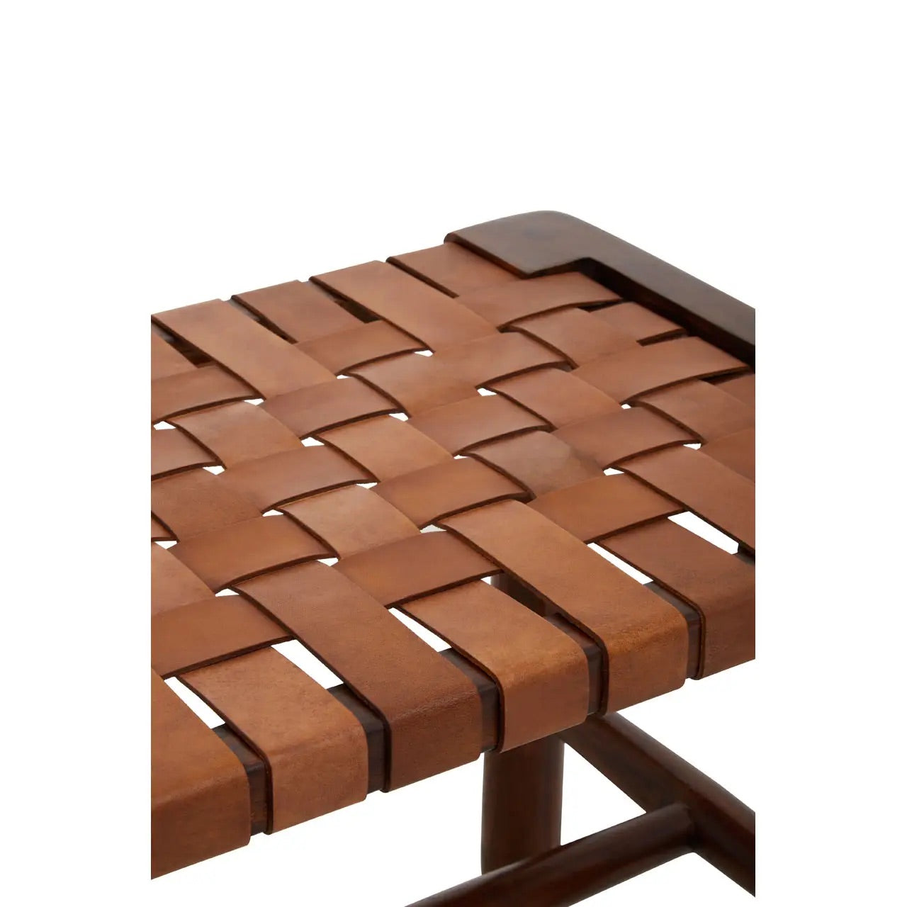 Shop the elegant mid-century inspired bench, combining artisanal craftsmanship and timeless design with tan leather straps arranged in a stunning basket weave lattice pattern. Shop online today at www.nobleandnook.co.uk