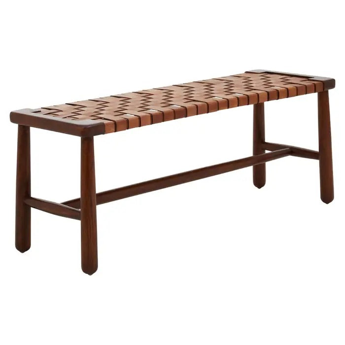 Shop the elegant mid-century inspired bench, combining artisanal craftsmanship and timeless design with tan leather straps arranged in a stunning basket weave lattice pattern. Shop online today at www.nobleandnook.co.uk