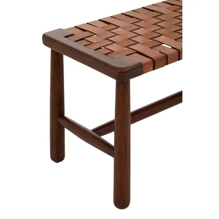 Shop the elegant mid-century inspired bench, combining artisanal craftsmanship and timeless design with tan leather straps arranged in a stunning basket weave lattice pattern. Shop online today at www.nobleandnook.co.uk