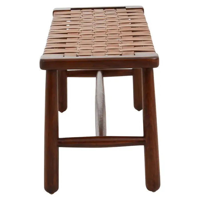 Shop the elegant mid-century inspired bench, combining artisanal craftsmanship and timeless design with tan leather straps arranged in a stunning basket weave lattice pattern. Shop online today at www.nobleandnook.co.uk