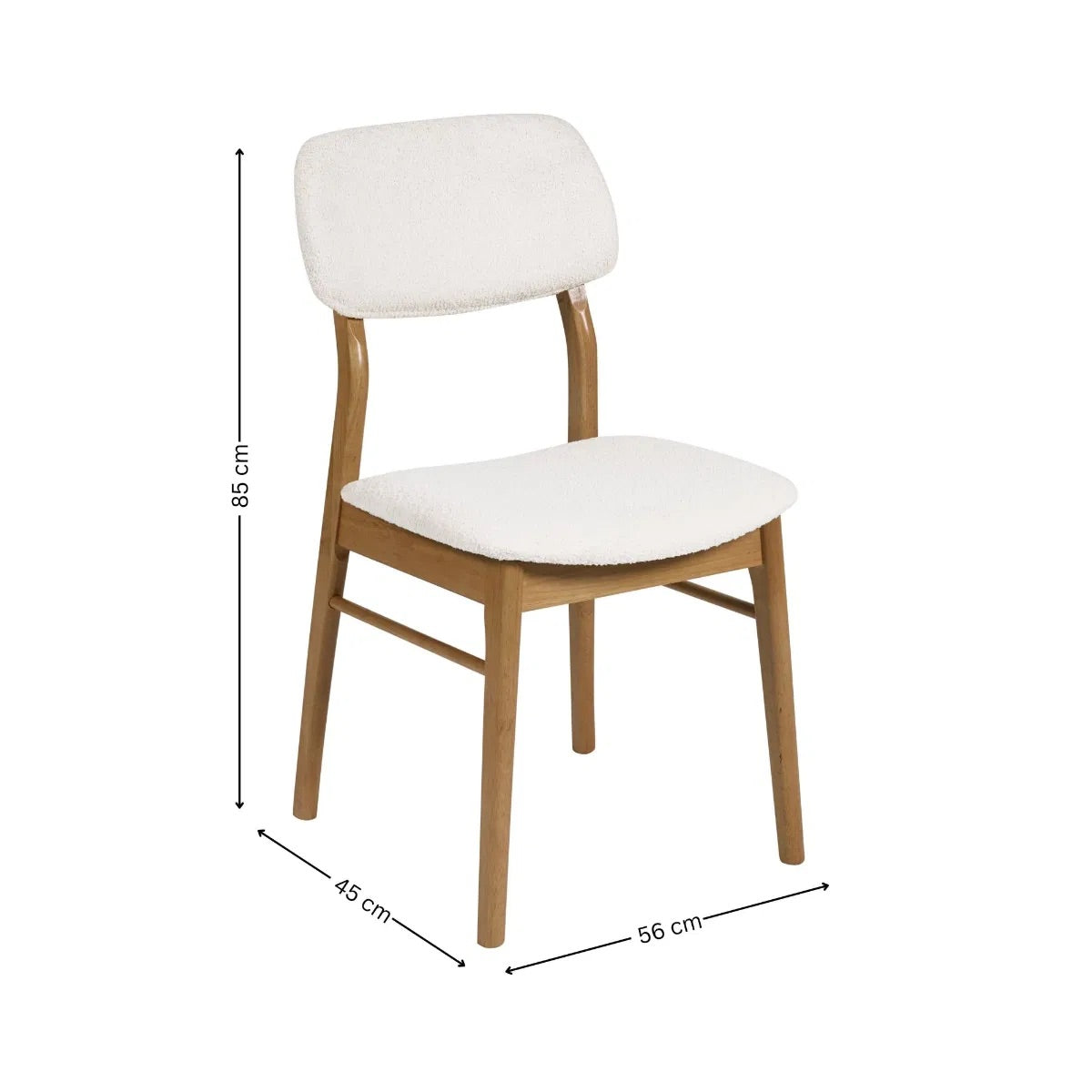 Dimensions: H85 x W56 x D45 cm. Luxurious White Boucle Upholstery adds a rich, tactile finish that feels both inviting and sophisticated. Ergonomically designed for lasting comfort and support during long meals and conversations.