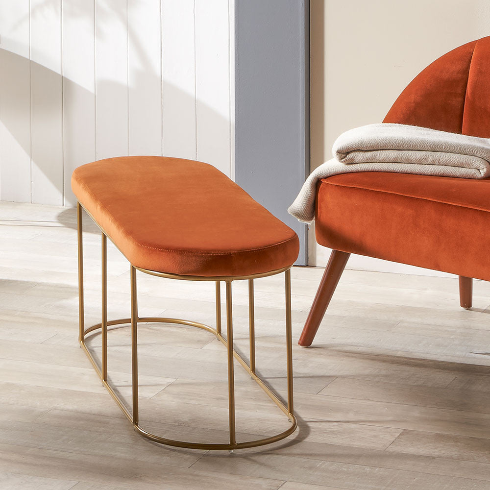 Featuring luxurious Tobacco velvet and a sleek champagne gold metal frame, the this bench is a refined and useful addition to any space. FREE UK MAINLAND DELIVERY on orders over £100. Shop online now at www.nobleandnook.co.uk