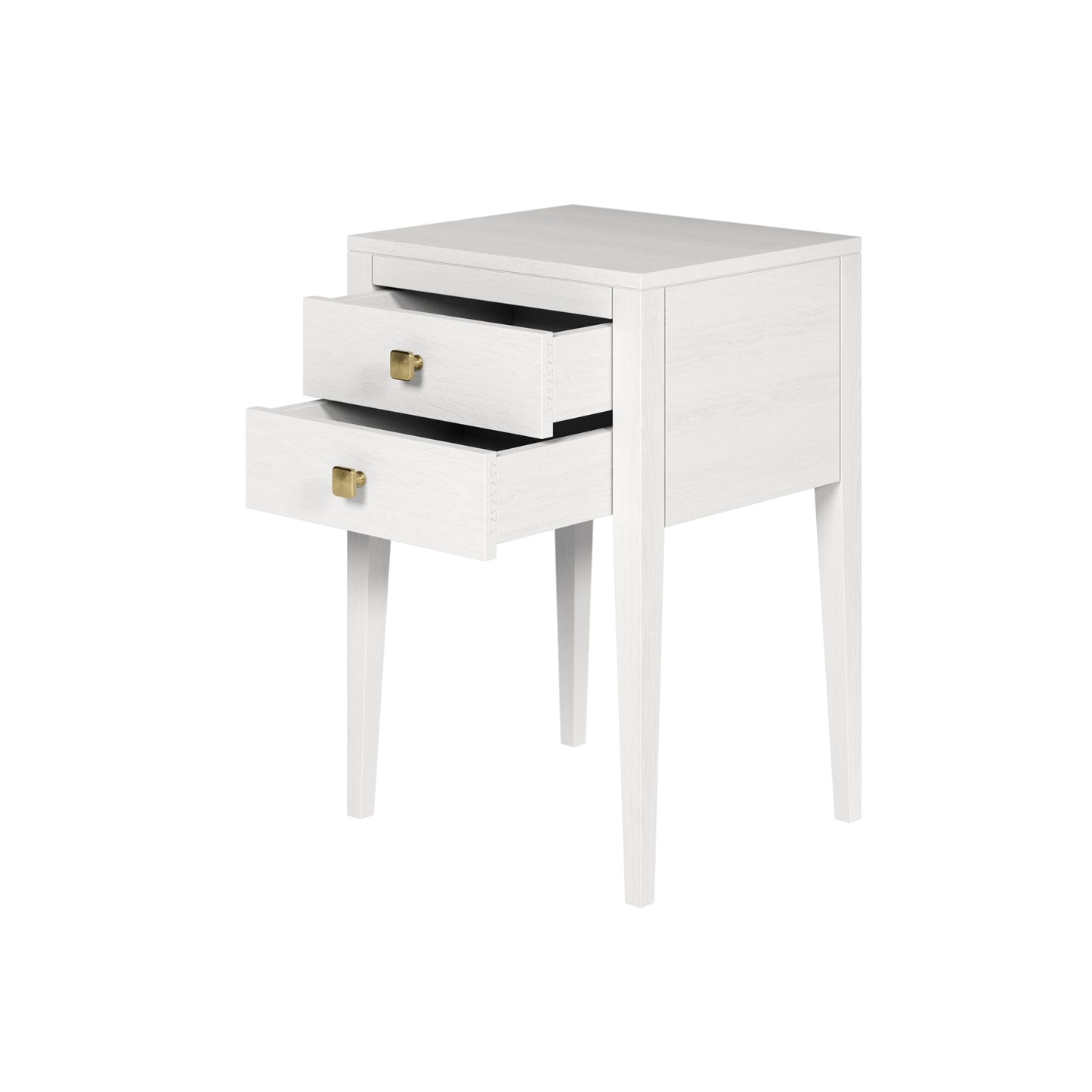 Shop the Radford Bedside table constructed in solid white oak with two drawers with brushed brass style square handles. Shop online today at www.nobleandnook.co.uk