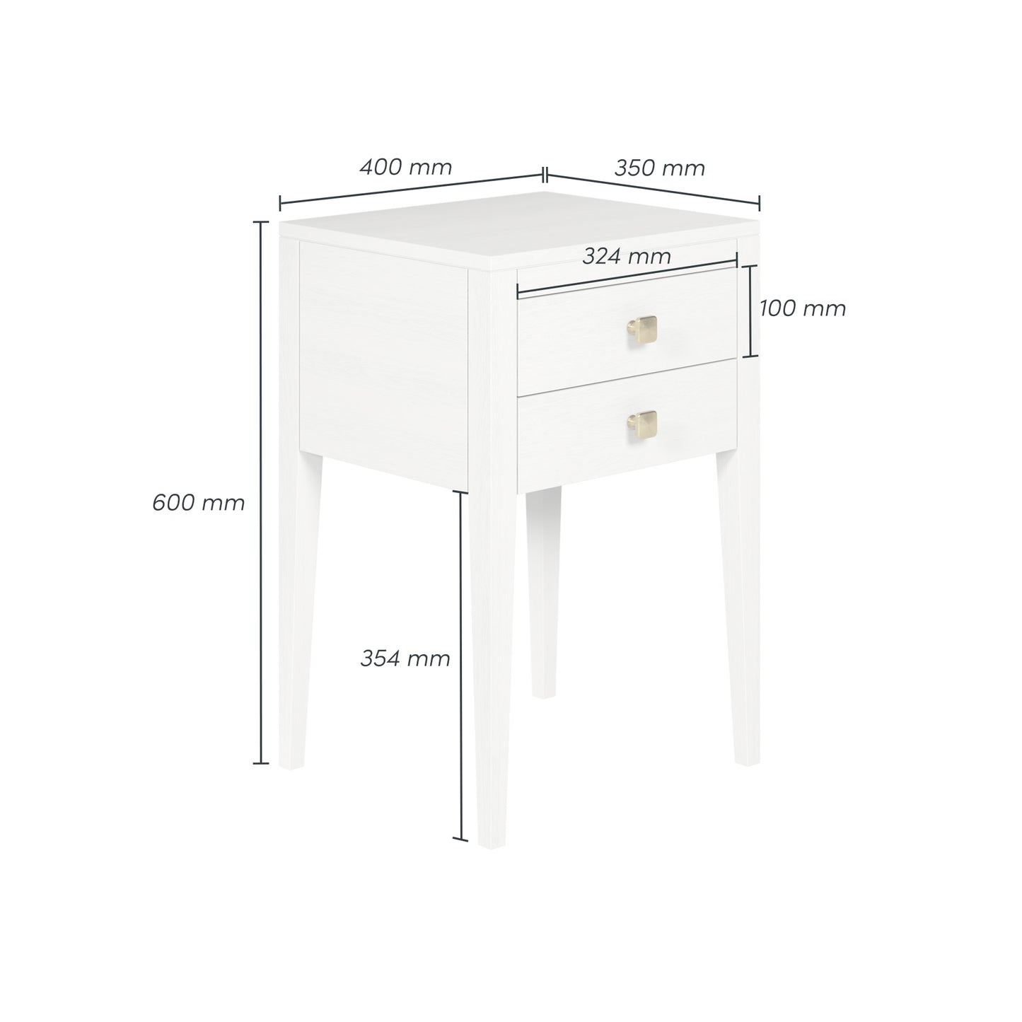 Shop the Radford Bedside table constructed in solid white oak with two drawers with brushed brass style square handles. Shop online today at www.nobleandnook.co.uk