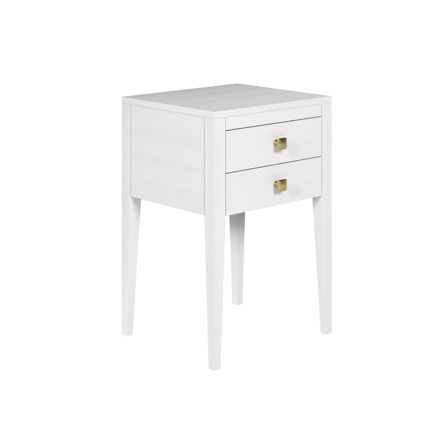 Shop the Radford Bedside table constructed in solid white oak with two drawers with brushed brass style square handles. Shop online today at www.nobleandnook.co.uk