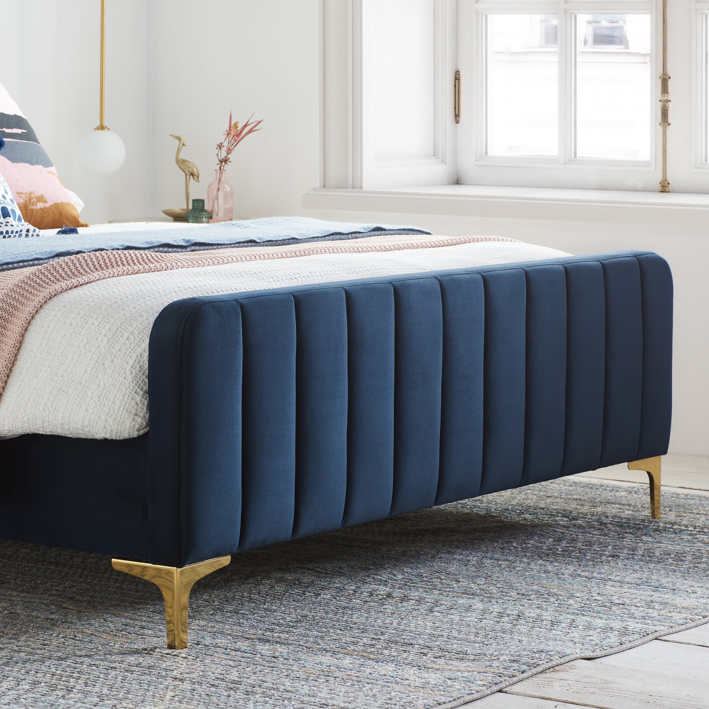 Shop this sophisticated midnight blue velvet bed frame, designed to blend luxury with functionality. FREE UK Mainland Delivery. Shop online today at www.nobleandnook.co.uk