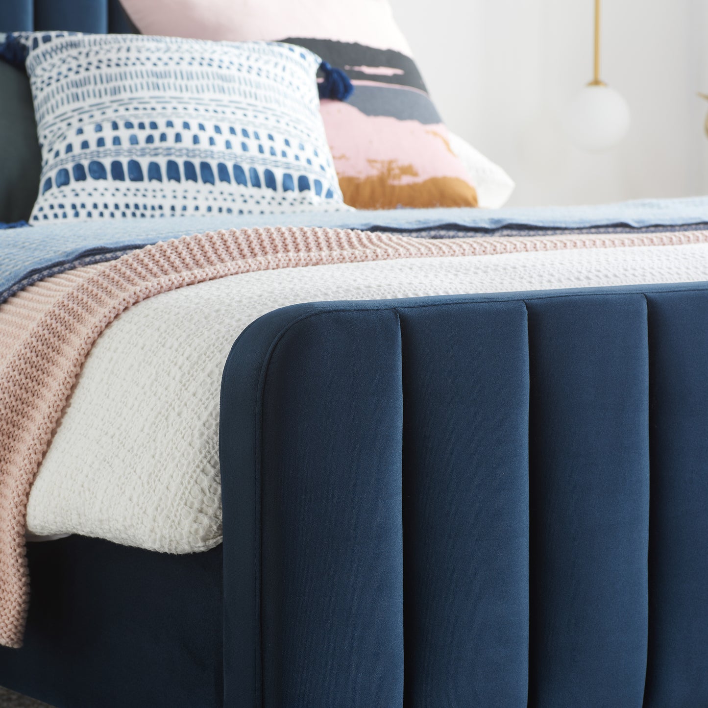 Shop this sophisticated midnight blue velvet bed frame, designed to blend luxury with functionality. FREE UK Mainland Delivery. Shop online today at www.nobleandnook.co.uk