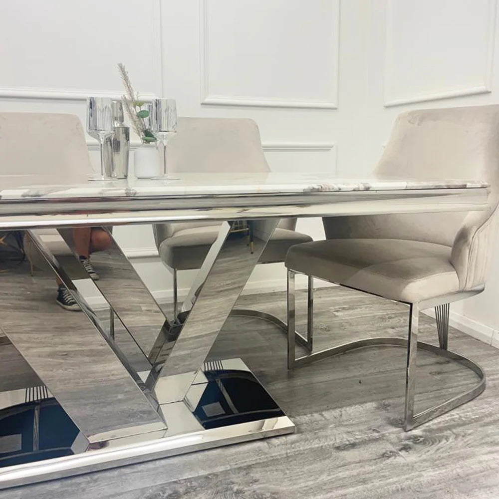 Venice Dining Table with Pandora Marble Top that combines ultra-chic design with exceptional durability. Perfect for those who value style and practicality. Shop online today at www.nobleandnook.co.uk