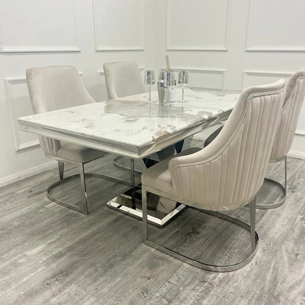 Venice Dining Table with Pandora Marble Top that combines ultra-chic design with exceptional durability. Perfect for those who value style and practicality. Shop online today at www.nobleandnook.co.uk