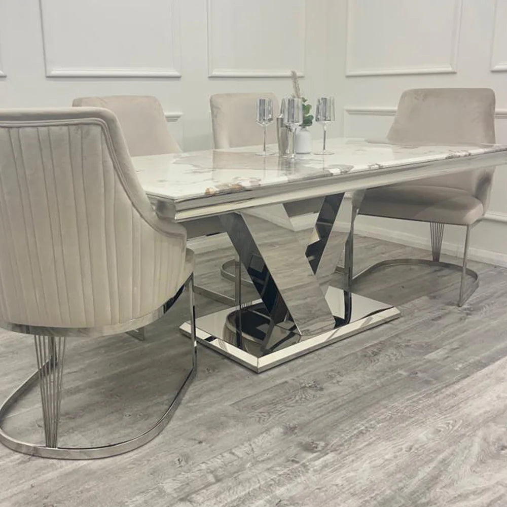 Venice Dining Table with Pandora Marble Top that combines ultra-chic design with exceptional durability. Perfect for those who value style and practicality. Shop online today at www.nobleandnook.co.uk