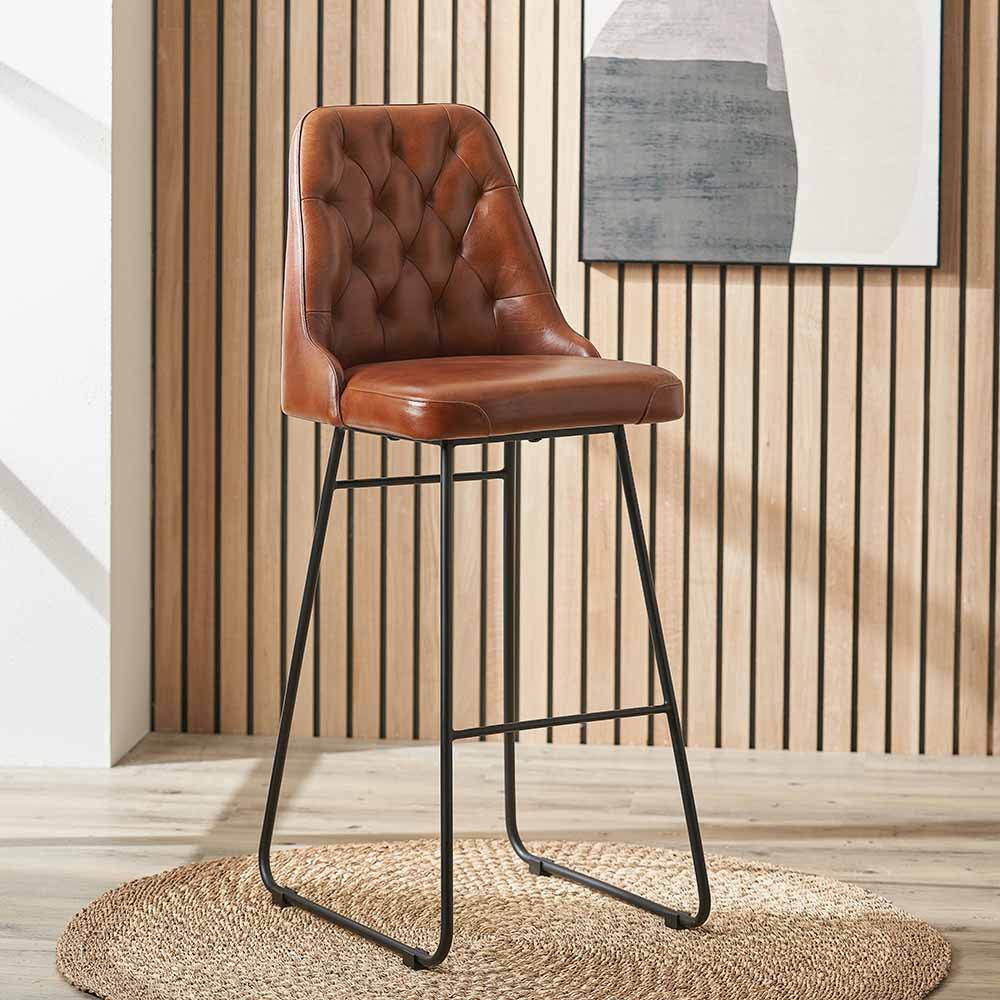 Shop our stylish Vintage Brown Leather and Black Metal Diamond Back Camillo Bar Stool, the perfect addition to any breakfast bar or kitchen island. FREE UK MAINLAND DELIVERY. Shop online now at www.nobleandnook.co.uk