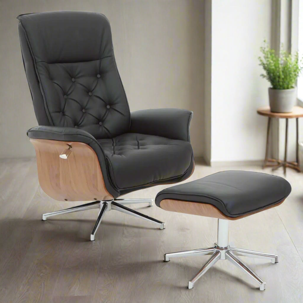 The Belmont Black Faux Leather Recliner & Footstool