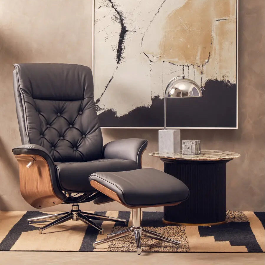 The Belmont Black Faux Leather Recliner & Footstool