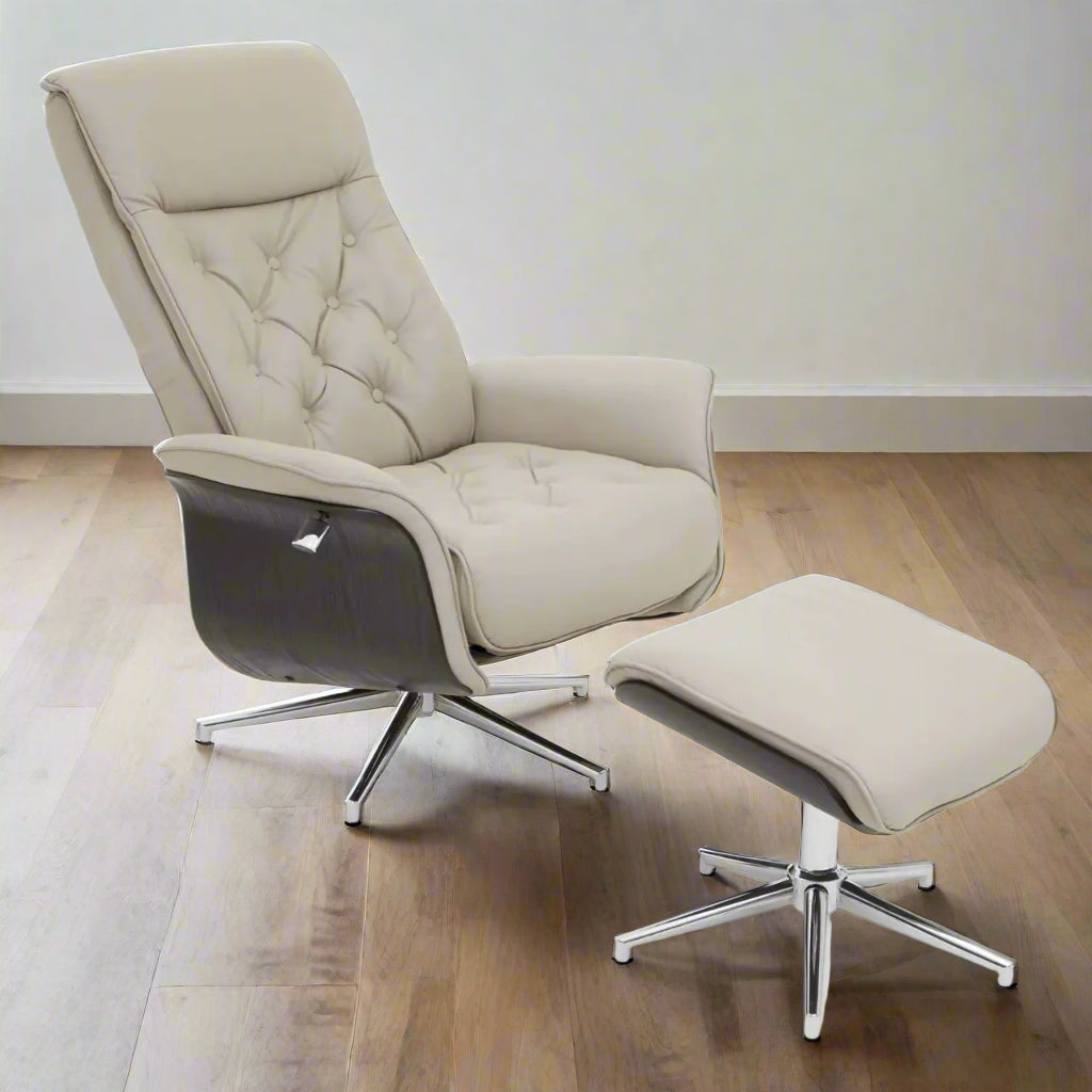 The Warrington Recliner Chair and Footstool combines modern aesthetics with superior comfort, this set is ideal for a home office, reading nook, or relaxing space. Shop online today at www.nobleandnook.co.uk