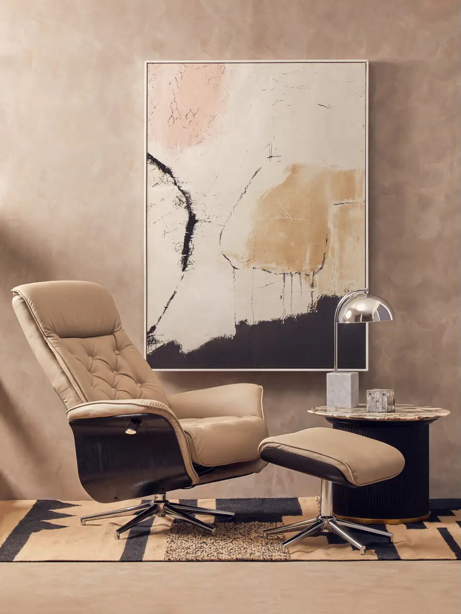 The Warrington Recliner Chair and Footstool combines modern aesthetics with superior comfort, this set is ideal for a home office, reading nook, or relaxing space. Shop online today at www.nobleandnook.co.uk