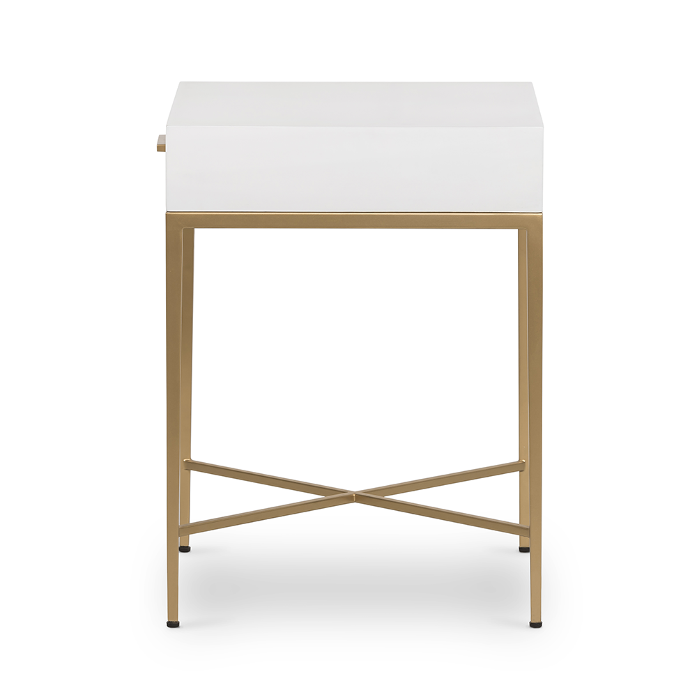 Shop the Berkeley Bedside Table in White with fine tapered gold finished legs. FREE UK Mainland Delivery. Shop online today at www.nobleandnook.co.uk
