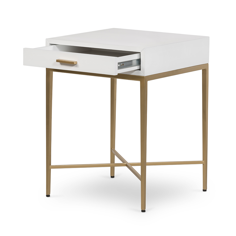Shop the Berkeley Bedside Table in White with fine tapered gold finished legs. FREE UK Mainland Delivery. Shop online today at www.nobleandnook.co.uk