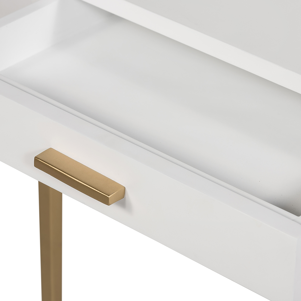 Shop the Berkeley Bedside Table in White with fine tapered gold finished legs. FREE UK Mainland Delivery. Shop online today at www.nobleandnook.co.uk