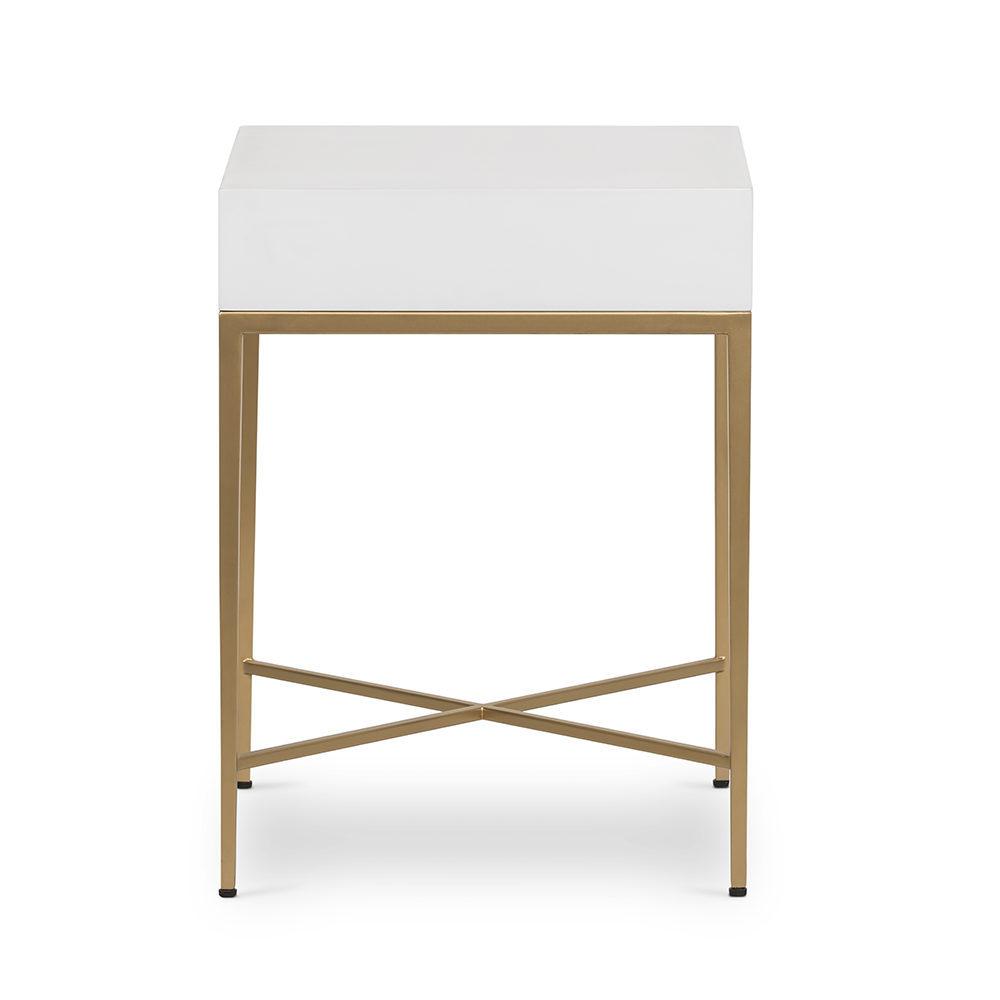 Shop the Berkeley Bedside Table in White with fine tapered gold finished legs. FREE UK Mainland Delivery. Shop online today at www.nobleandnook.co.uk