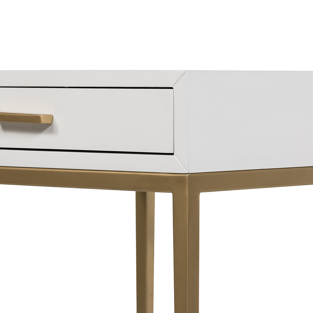 Shop the Berkeley Bedside Table in White with fine tapered gold finished legs. FREE UK Mainland Delivery. Shop online today at www.nobleandnook.co.uk