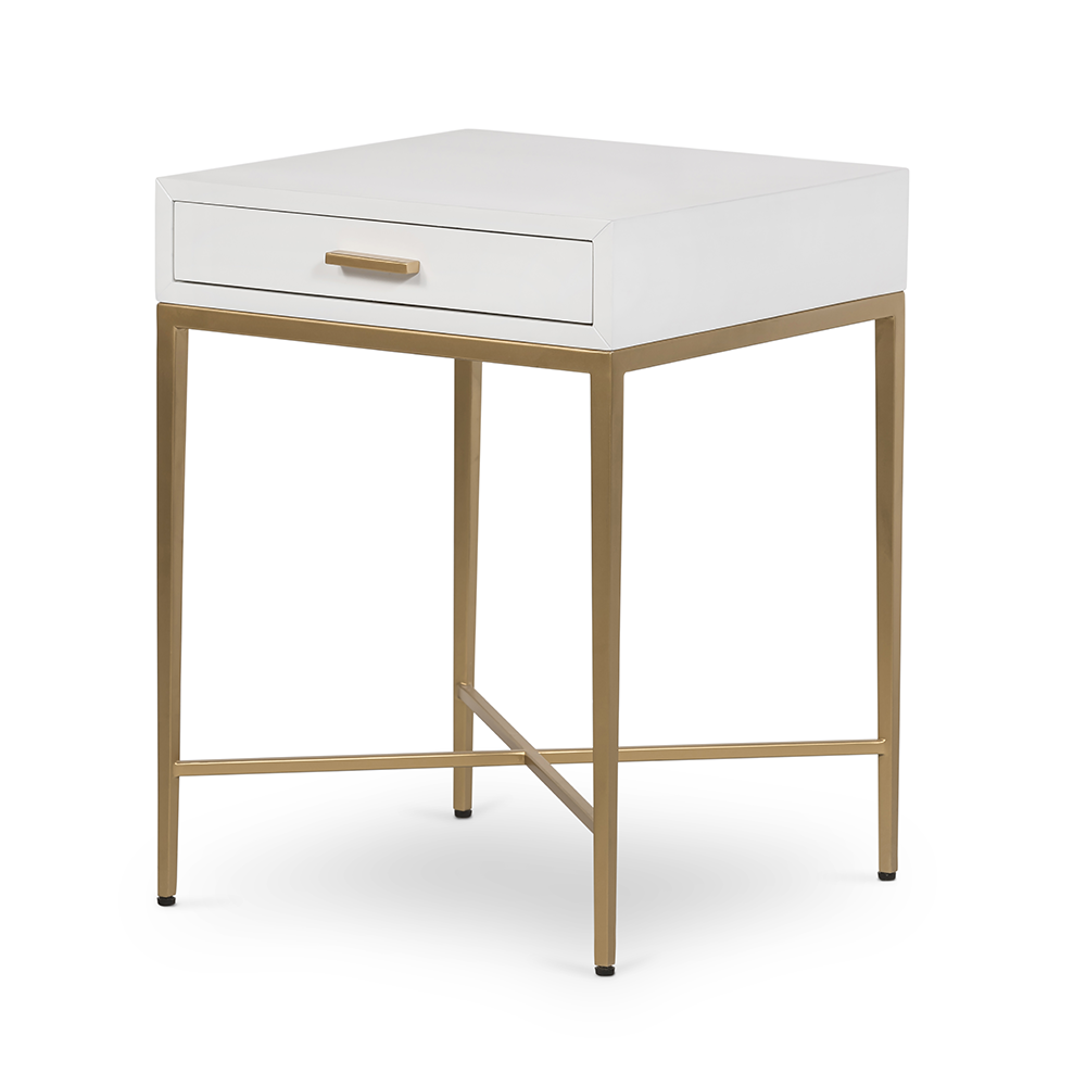 Shop the Berkeley Bedside Table in White with fine tapered gold finished legs. FREE UK Mainland Delivery. Shop online today at www.nobleandnook.co.uk