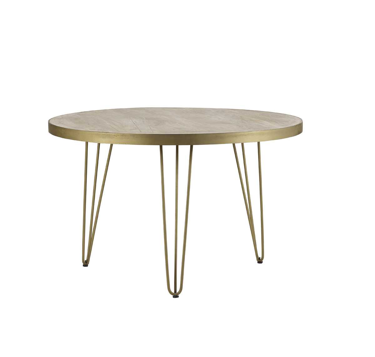 Elegant 4-Seater Round Mango Wood Dining Table, Gold Metal Legs, Handcrafted & Unique, Eco-Friendly Furniture Choice – L120×W120×H76cm. www.nobleandnook.co.uk