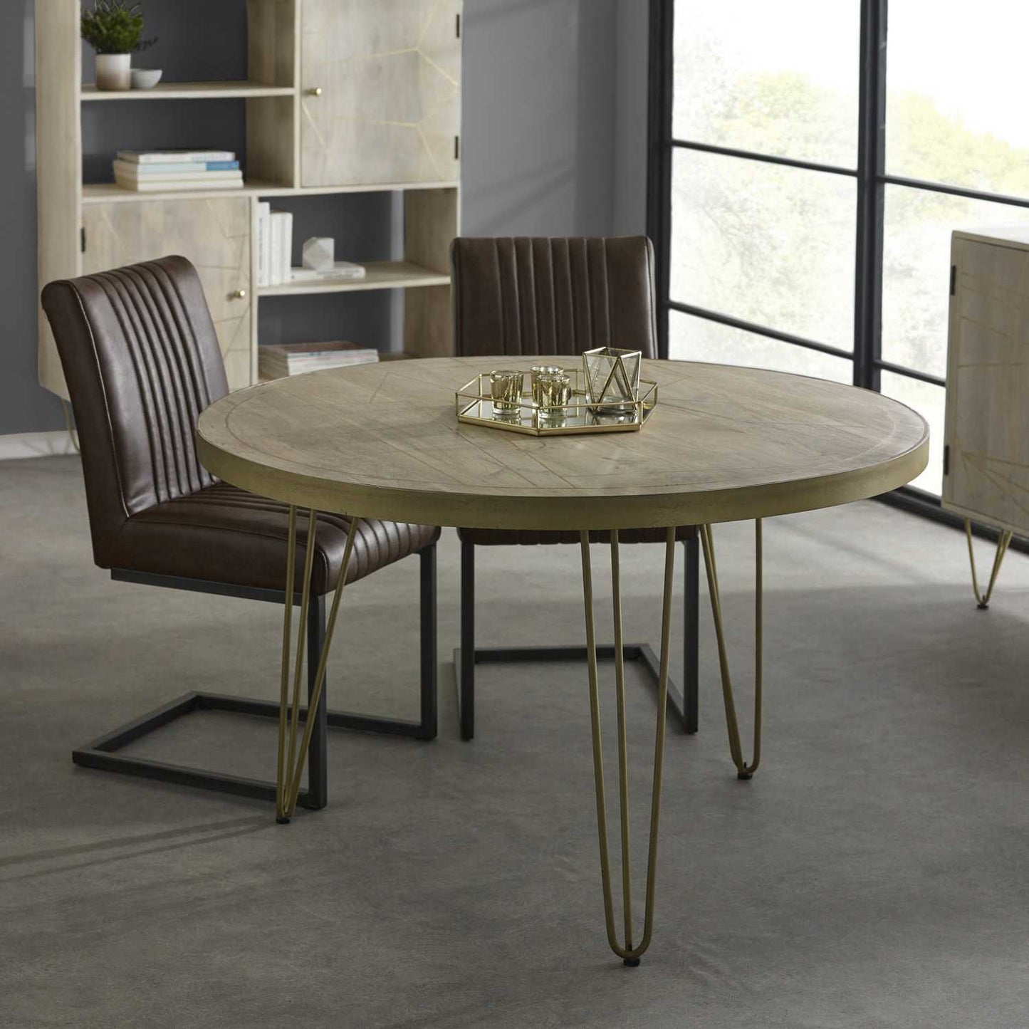 Elegant 4-Seater Round Mango Wood Dining Table, Gold Metal Legs, Handcrafted & Unique, Eco-Friendly Furniture Choice – L120×W120×H76cm. www.nobleandnook.co.uk