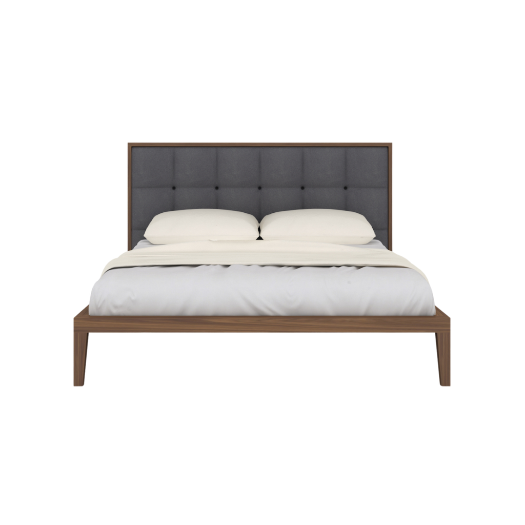 Shop the luxury Calla Double Walnut Bed Frame, featuring a plush, square deep button headboard in grey. FREE UK MAINLAND DELIVERY on orders over £100. Shop online now at www.nobleandnook.co.uk