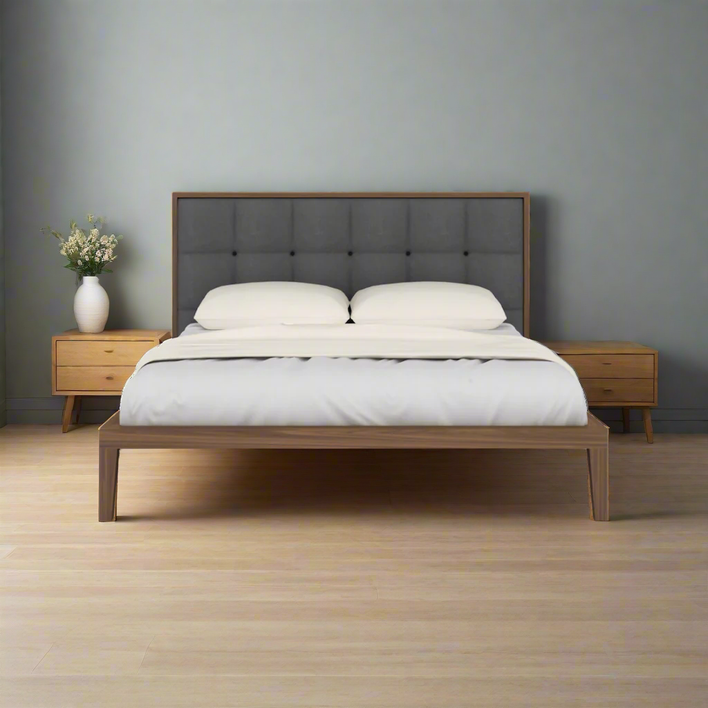 Shop the luxury Calla Double Walnut Bed Frame, featuring a plush, square deep button headboard in grey. FREE UK MAINLAND DELIVERY on orders over £100. Shop online now at www.nobleandnook.co.uk