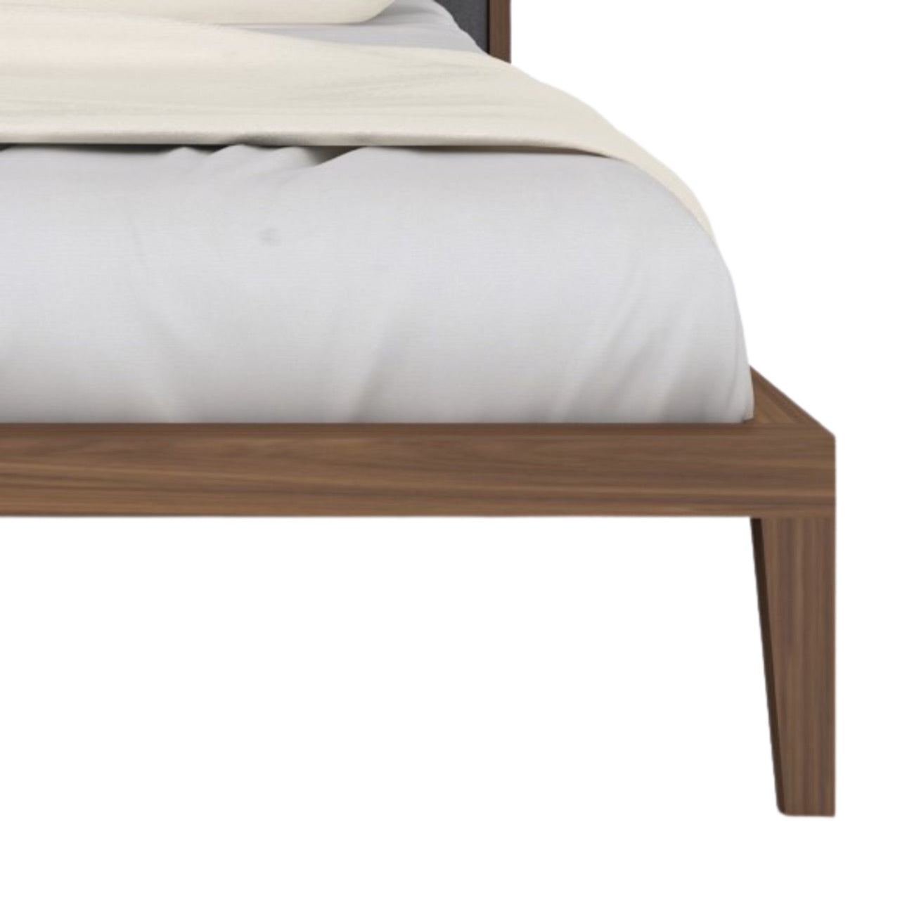 Shop the opulent Calla King Size Bed in rich walnut with a sophisticated grey linen fabric headboard. FREE UK MAINLAND DELIVERY. Shop online now at www.nobleandnook.co.uk