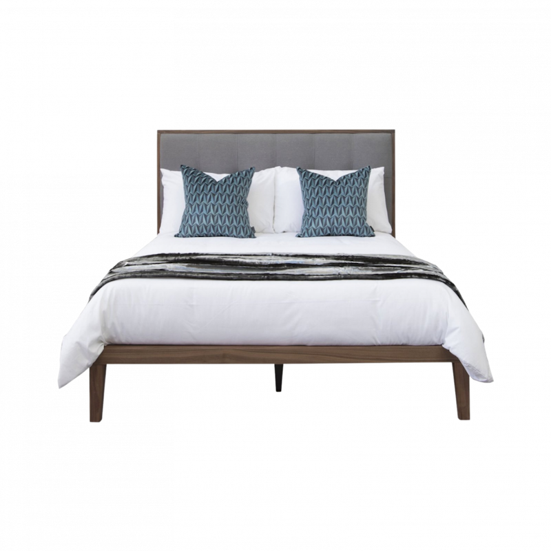 Shop the luxury Calla Double Walnut Bed Frame, featuring a plush, square deep button headboard in grey. FREE UK MAINLAND DELIVERY on orders over £100. Shop online now at www.nobleandnook.co.uk