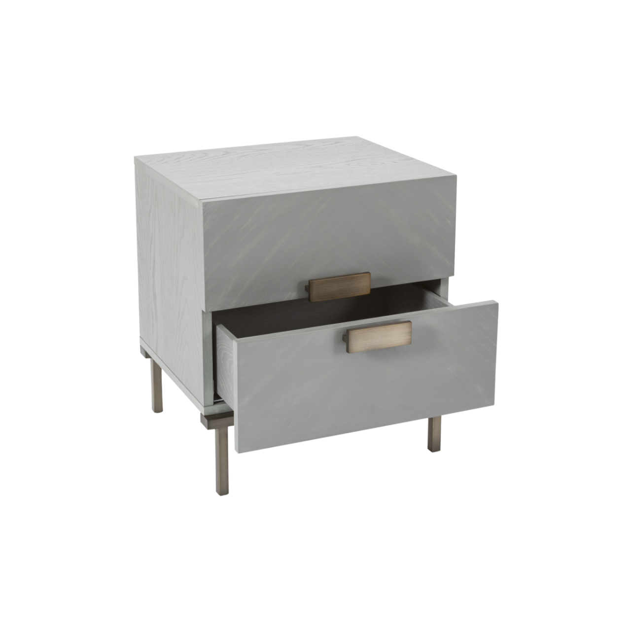 Shop the Lilly Bedside Table in a soft grey finish and elegant bronze metal handles. Shop online now at www.nobleandnook.co.uk