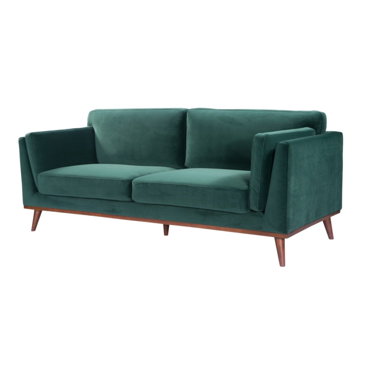 Shop the Mickey 3 Seat Sofa in a fashionable Emerald Green velvet with tapered walnut legs. This is a contemporary masterpiece. Shop online today at www.nobleandnook.co.uk
