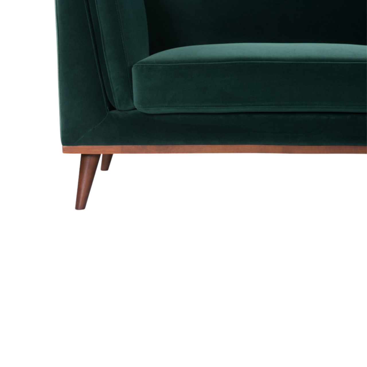 Shop the Mickey 3 Seat Sofa in a fashionable Emerald Green velvet with tapered walnut legs. This is a contemporary masterpiece. Shop online today at www.nobleandnook.co.uk