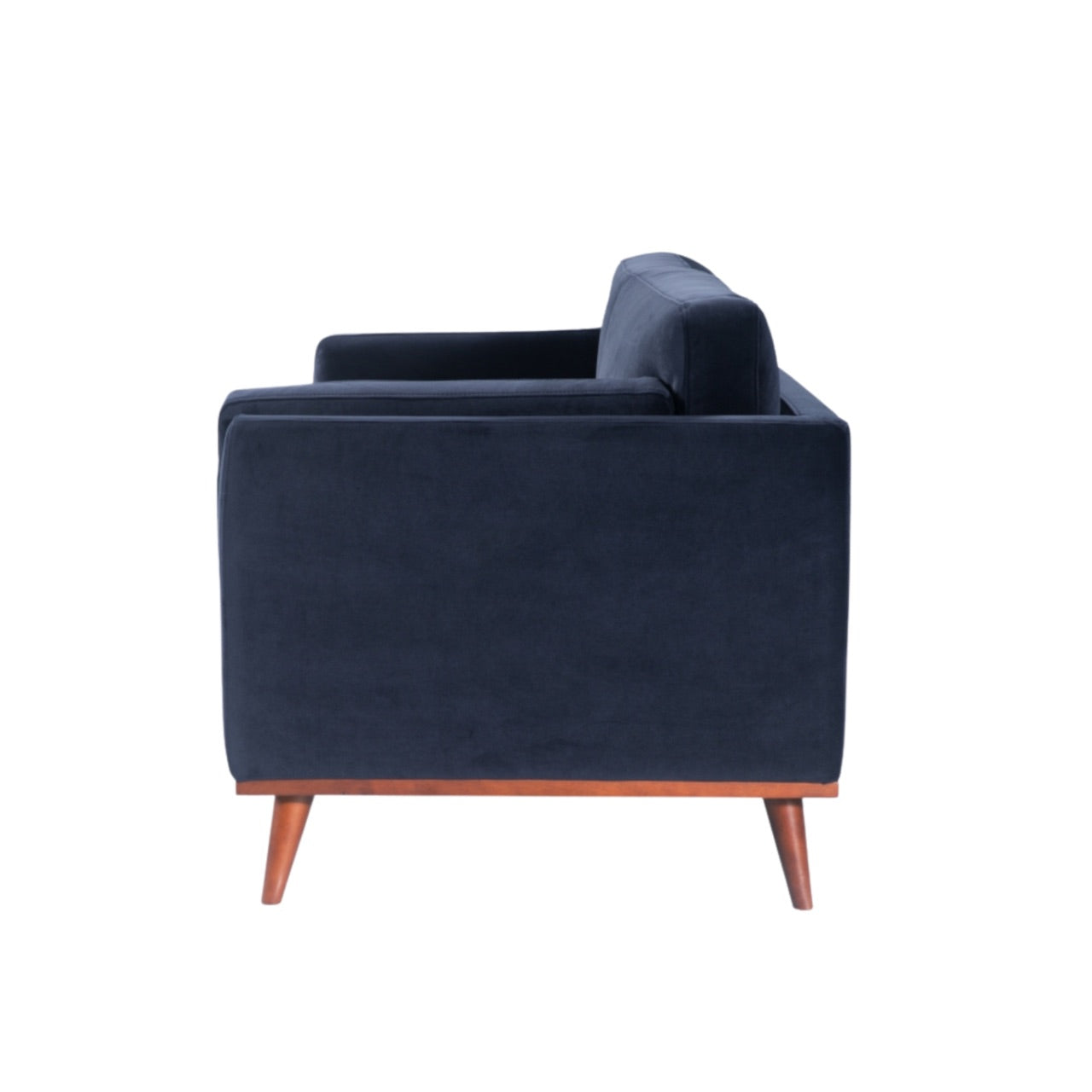 Shop the Mickey 2 seater sofa in Midnight Blue velvet with a walnut frame and tapered walnut legs, its a contemporary masterpiece. Shop online today at www.nobleandnook.co.uk