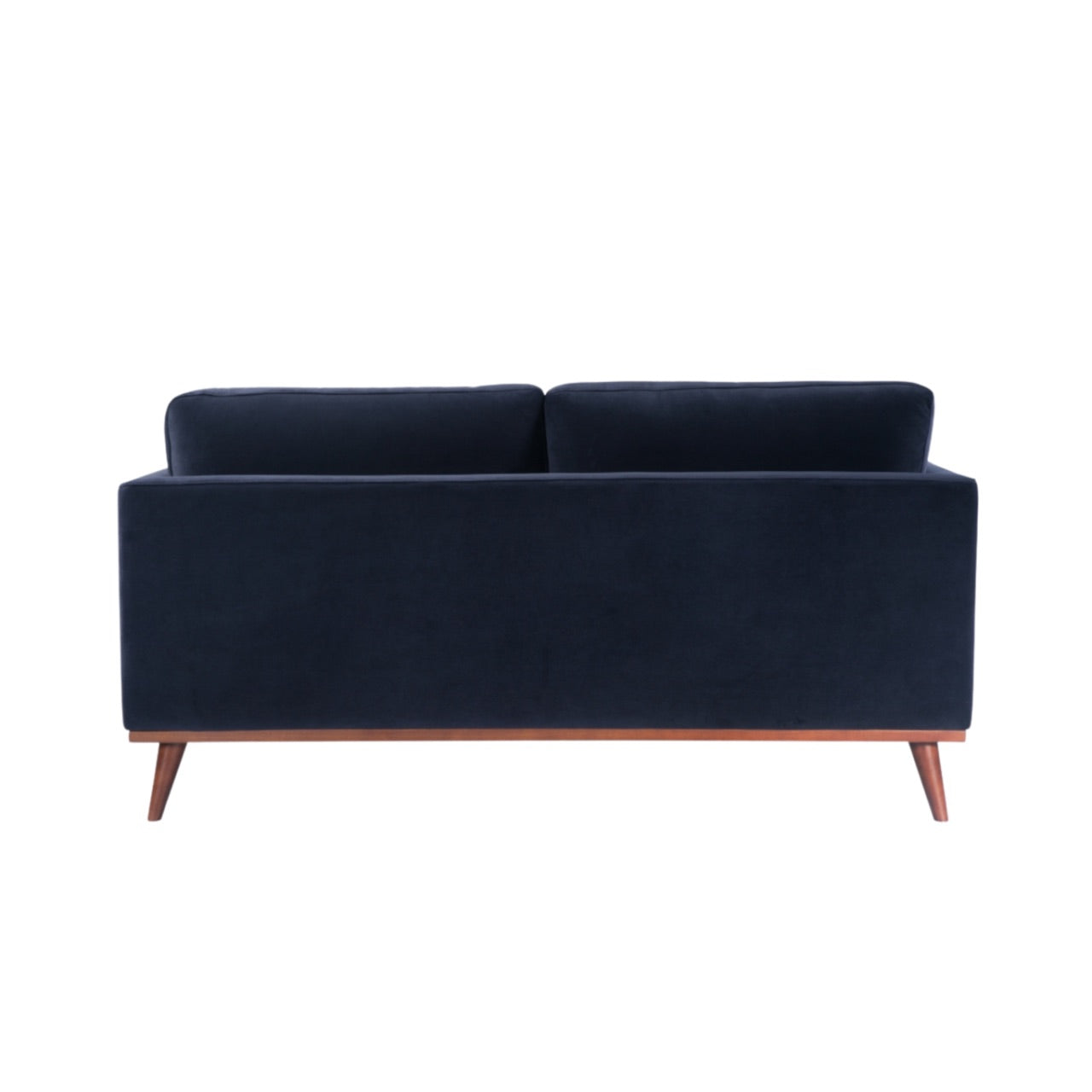 Shop the Mickey 2 seater sofa in Midnight Blue velvet with a walnut frame and tapered walnut legs, its a contemporary masterpiece. Shop online today at www.nobleandnook.co.uk