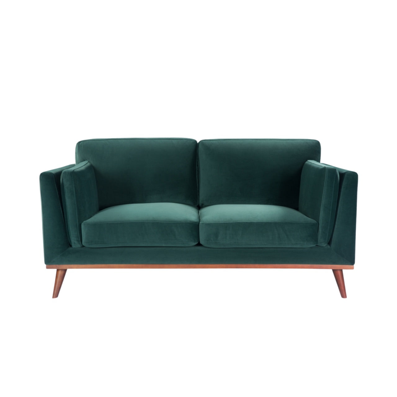 Shop the Mickey 2 seater sofa in on trend Emerald Green velvet with a walnut frame and tapered walnut legs, a contemporary masterpiece. Shop online today at www.nobleandnook.co.uk